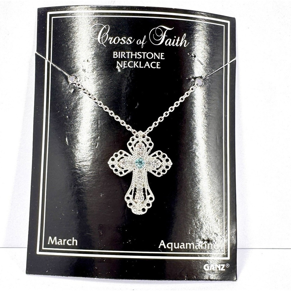 Ganz Cross of Faith March Aquamarine Birthstone Necklace Silver Tone NEW